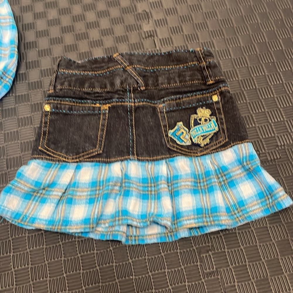 Pelle Pelle black jean skirt with blue & white flannel matching ruffled top sz 7 - Picture 6 of 13